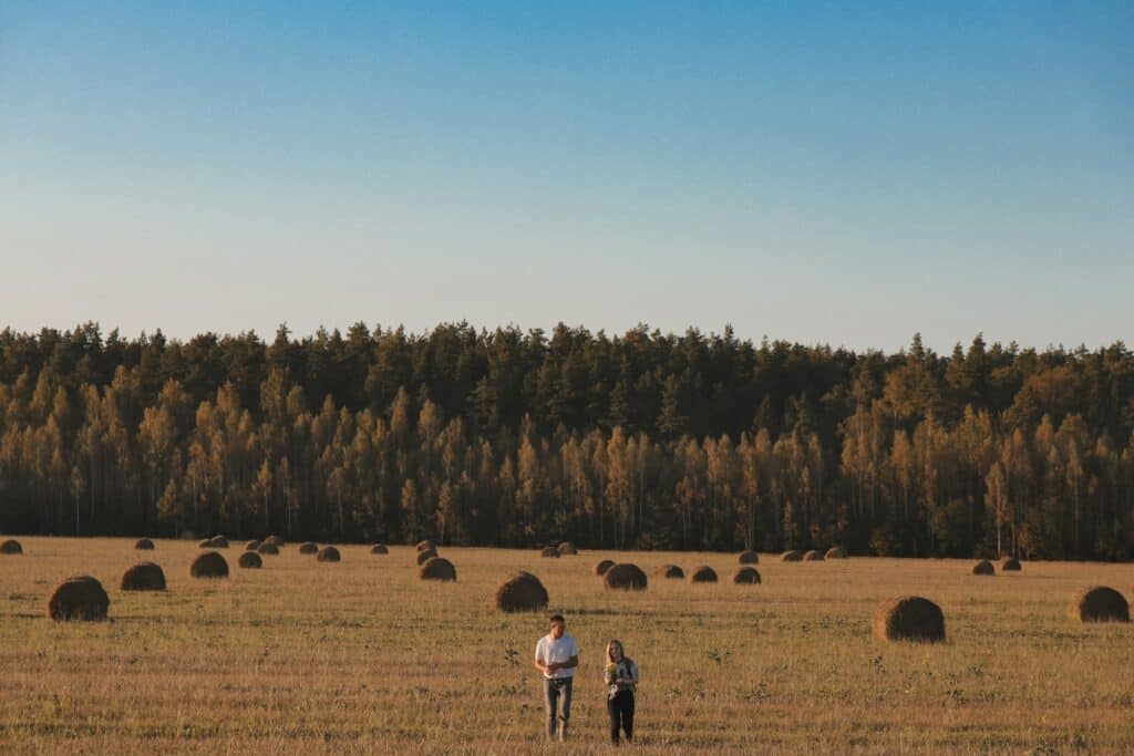 A younger and older farmer walking side by side in a field talking about transition planning